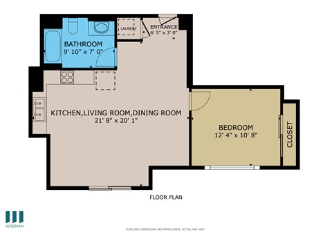 A floor plan of a room showing a bathroom, a kitchen, a living room, a dining room, and a bedroom.